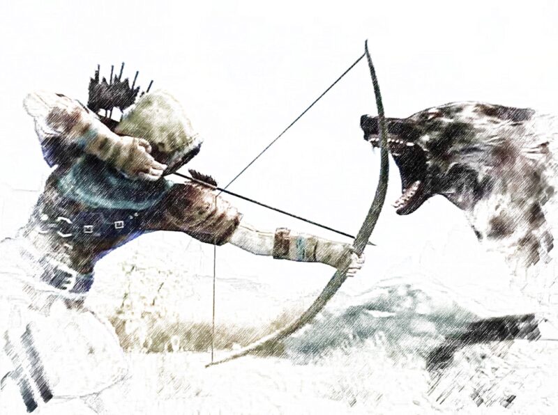 Screenshot aus "The Elder Scrolls V: Skyrim", nachbearbeitet, sodass es aussieht wie mit Buntstiften gezeichnet. Ein Mensch mit gespanntem Bogen, gerade im Begriff, einen Pfeil auf einen Wolf zu schießen, der mit aufgerissenem Maul auf den Menschen zuspringt.