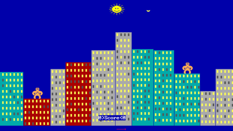 Screenshot aus dem Videospiel "Gorillas". Eine bunte Skyline mit unterschiedlich hohen Gebäuden, links und rechts jeweils ein Gorilla auf einem der Häuser, zwischen ihnen eine Banane, die durch die Luft fliegt.